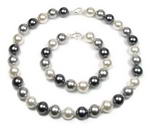 White, light grey dark grey shell pearl necklace bracelet set, 12mm