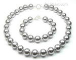 Light gray round shell pearl necklace bracelet set wholesale, 12mm
