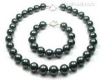Peacock black round shell pearl necklace bracelet set on sale, 12mm