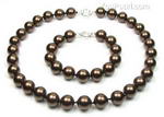 Coffee chocolate round shell pearl necklace bracelet set sale, 12mm