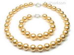 Gold round shell pearl necklace bracelet set bulk sale, 12mm