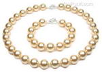 Champagne round shell pearl necklace bracelet set on sale, 12mm