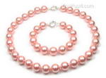 Pink round shell pearl necklace bracelet set discounted sale, 12mm