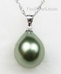 Olive green tear drop shell pearl pendant discounted sale, 13x18mm